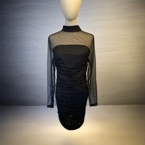 Sheer Mesh Long-Sleeve Black Bodycon Dress